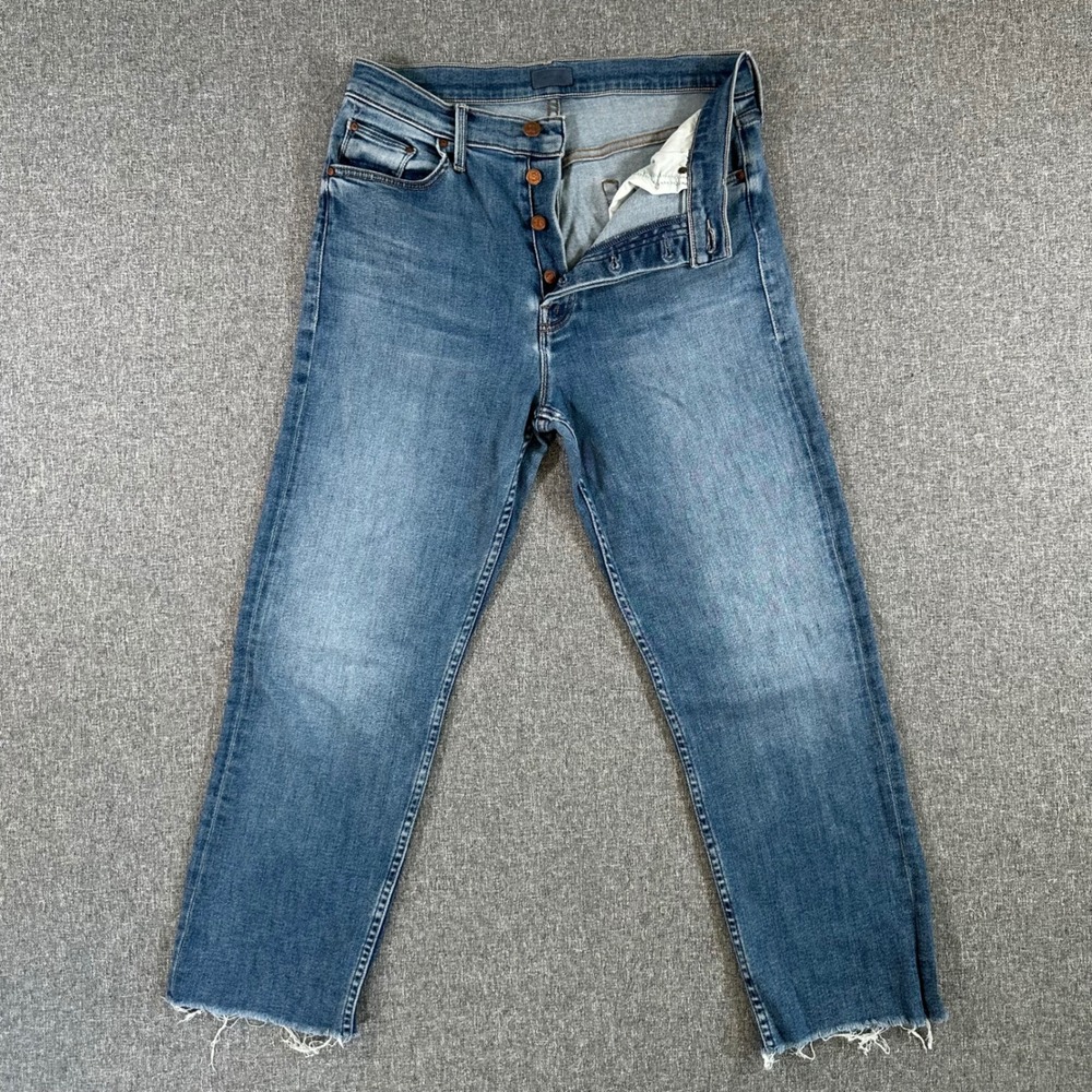MOTHER High Waisted Straight Leg Jeans Blue Denim Raw Hem Button Fly Size 31